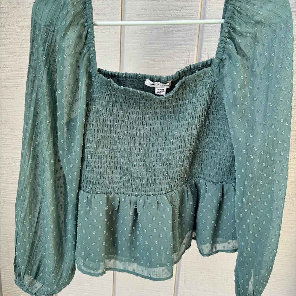 American Eagle Outfitters Green Smocked Peplum Blouse